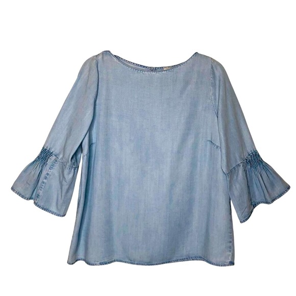 Denim Blue J.Jill Lyocell Chambray Pleated Ruffle Bell Sleeve Tunic Sz: Medium - Picture 1 of 13